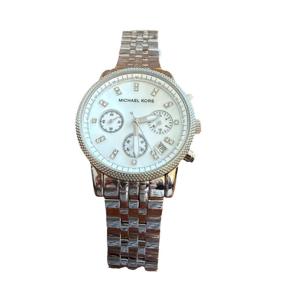 Michael Kors Silver Tone MK5020 Womens Wrist Watch Mother Of Pearl New Battery